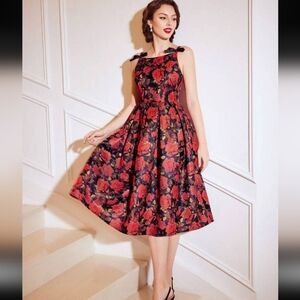 Rose Print Whimsigoth Dark Romantic High Neck Midi Dress Flare Red Black Med